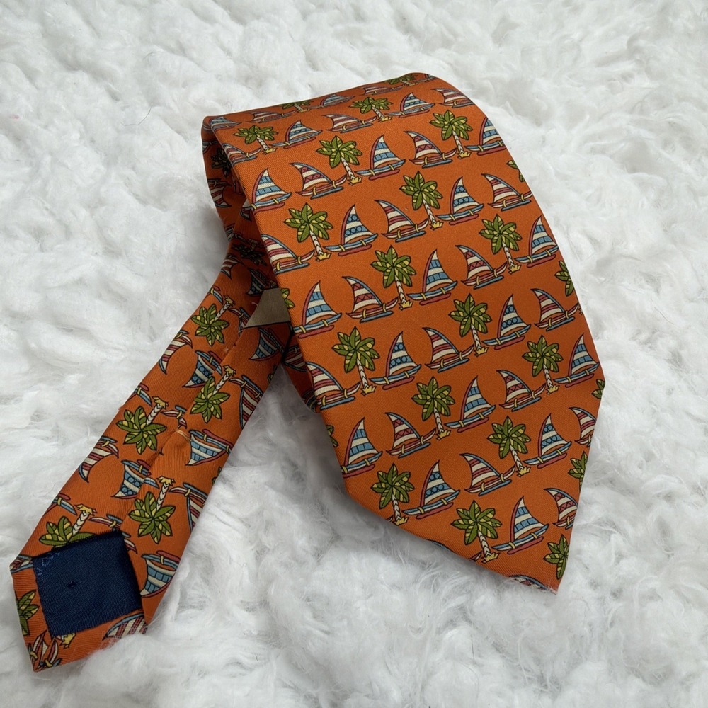 SALVATORE FERRAGAMO Silk Tie Sailboat Beach Nautical Colorful‎ Made Italy Rare!!